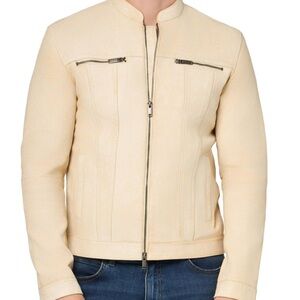 John Varvatos Men's Brando Leather Jacket, Ecru Size